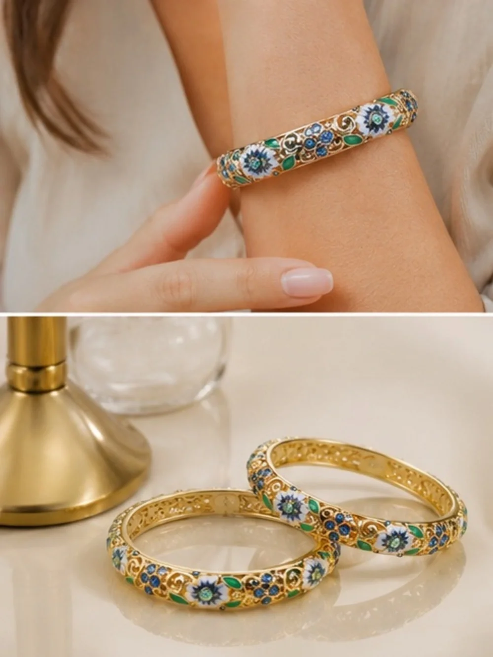 Cloisonne Floral Enamel Gold Bangle